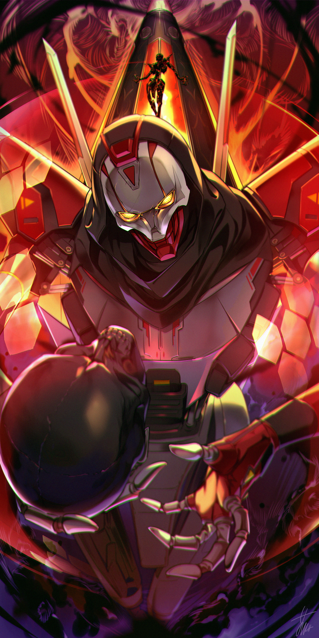 1boy, apex_legends, black_scarf, head_tilt, highres, humanoid_robot, male_focus, open_hand