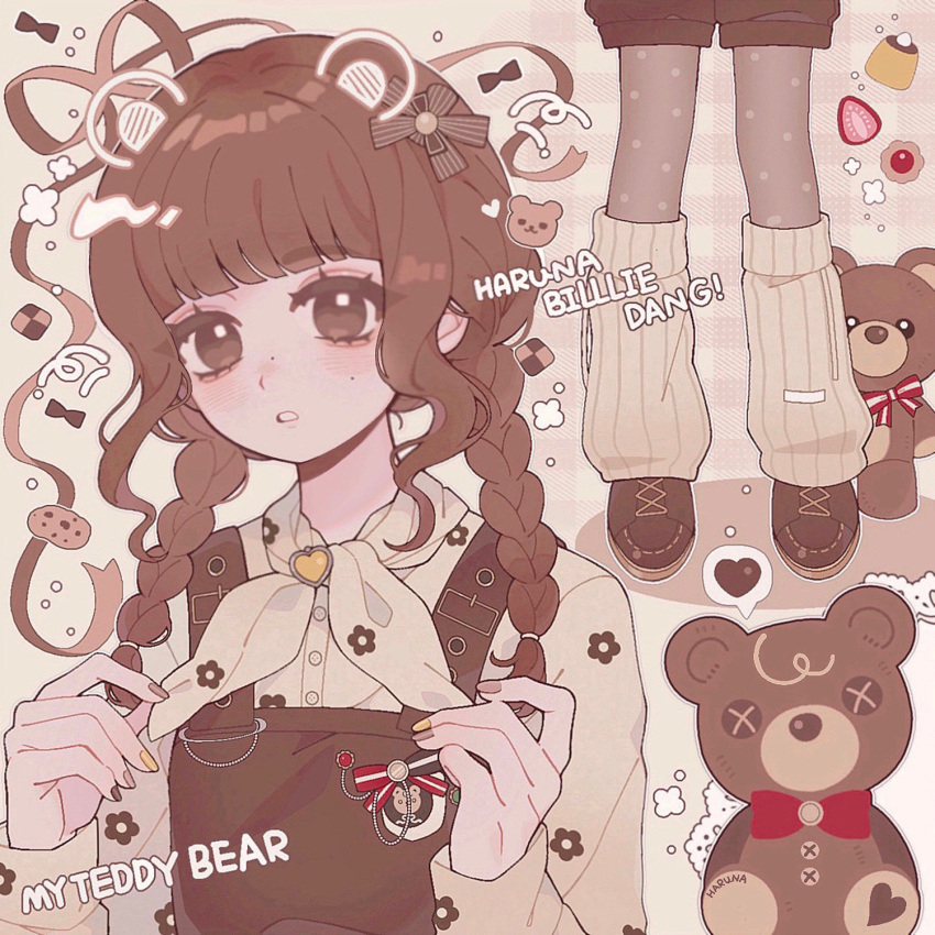 1girl, aegyo_sal, animification, billlie_(group), blush, bow, brown_bow, brown_eyes, brown_leg_warmers, brown_nails, brown_overalls, brown_shirt, brown_shorts, cake, character_name, commentary, copyright_name, drawn_ears, food, fruit, heart, highres, k-pop, looking_at_viewer, o_bianyi_didi_shu_o, osato_haruna, overall_shorts, overalls, parted_lips, real_life, shirt, shorts, solo, speech_bubble, spoken_heart, strawberry, streamers, stuffed_animal, stuffed_toy, symbol-only_commentary, teddy_bear
