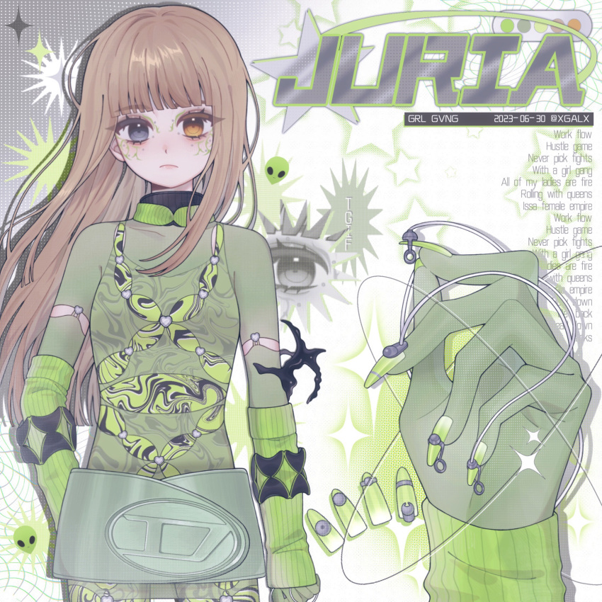 1girl, black_eyes, blush, brown_eyes, brown_hair, character_name, dated, fake_nails, frown, gloves, green_arm_warmers, green_gloves, green_shirt, heterochromia, highres, juria_(xg), long_hair, looking_at_viewer, lyrics, o_bianyi_didi_shu_o, real_life, shirt, solo, song_name, star_(symbol), very_long_hair, xg_(group)