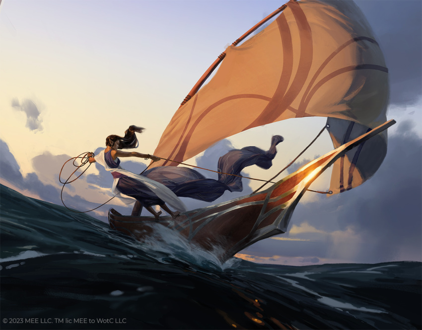 1girl, axelsauerwald, barefoot, blue_robe, blue_sky, boat, brown_hair, clouds