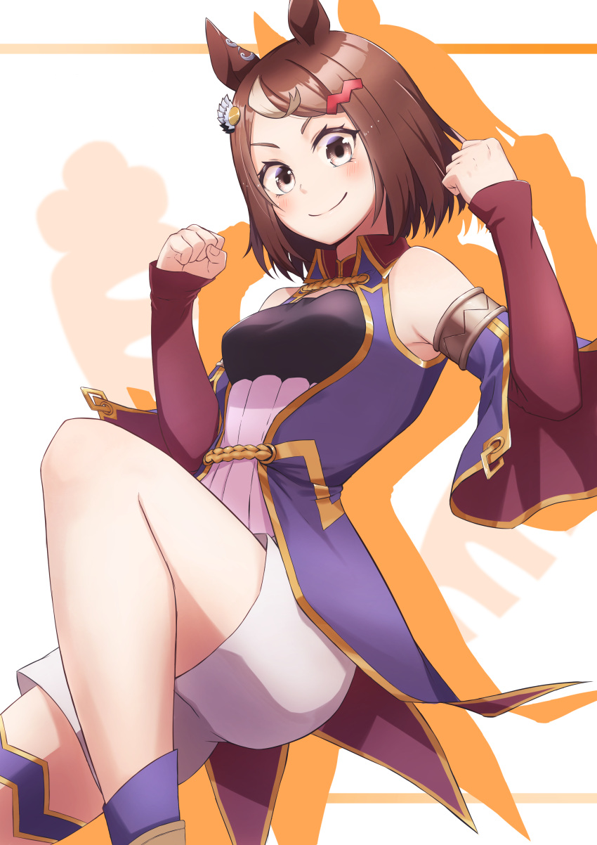1girl, absurdres, animal_ears, arm_pump, arms_up, brown_eyes, detached_sleeves, ear_ornament