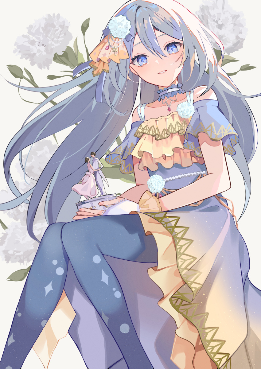 1girl, absurdres, bare_shoulders, blue_eyes, carnation_recollection_(project_sekai), choker, commentary_request, dress