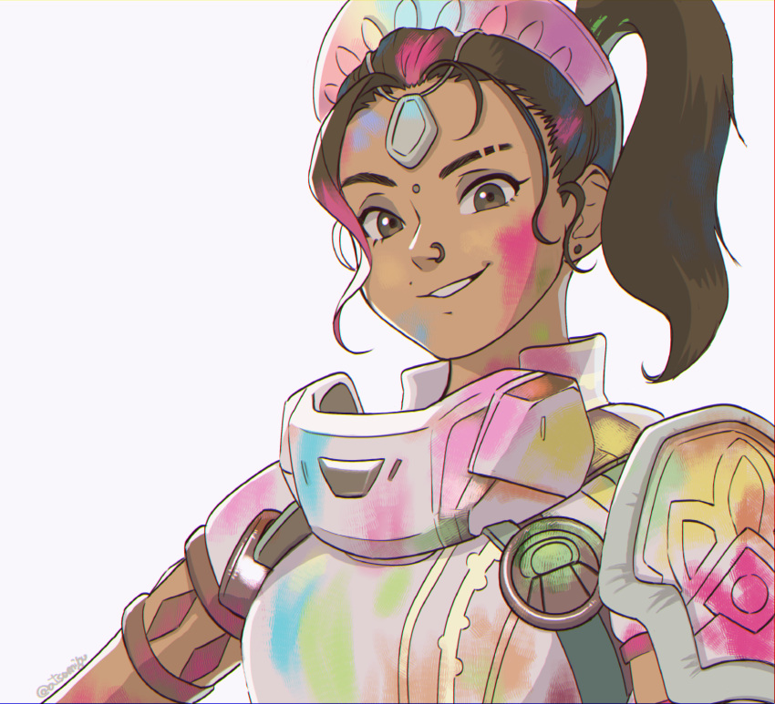 animification, apex_legends, arm_strap, black_eyeshadow, brown_eyes, brown_hair, eyebrow_cut, eyeshadow