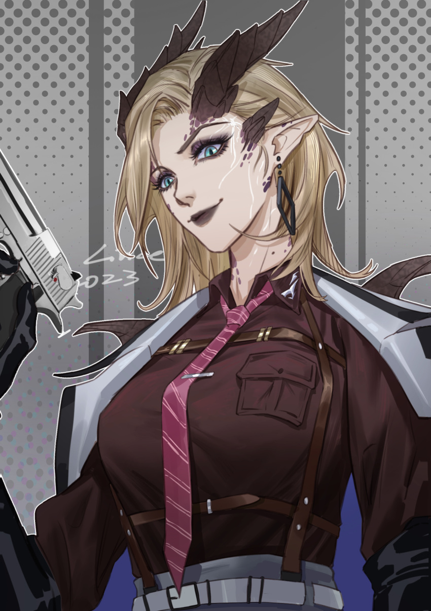 1girl, 2023, absurdres, alternate_form, belt, black_gloves, black_lips, blonde_hair