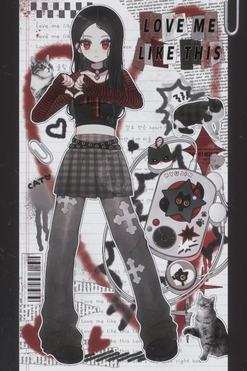 1girl, absurdres, animification, belt, black_belt, black_footwear, black_hair, black_nails, black_shirt, cable, cat, collar, collarbone, digital_media_player, earphones, frown, grey_pants, grey_skirt, highres, k-pop, korean_text, kyujin_(nmixx), long_hair, looking_at_viewer, lyrics, midriff_peek, nmixx, o-ring_collar, o_bianyi_didi_shu_o, pants, paw_print, photo_inset, plaid, plaid_skirt, real_life, red_collar, red_eyes, shirt, skirt, sleeves_past_wrists, song_name, striped_sleeves