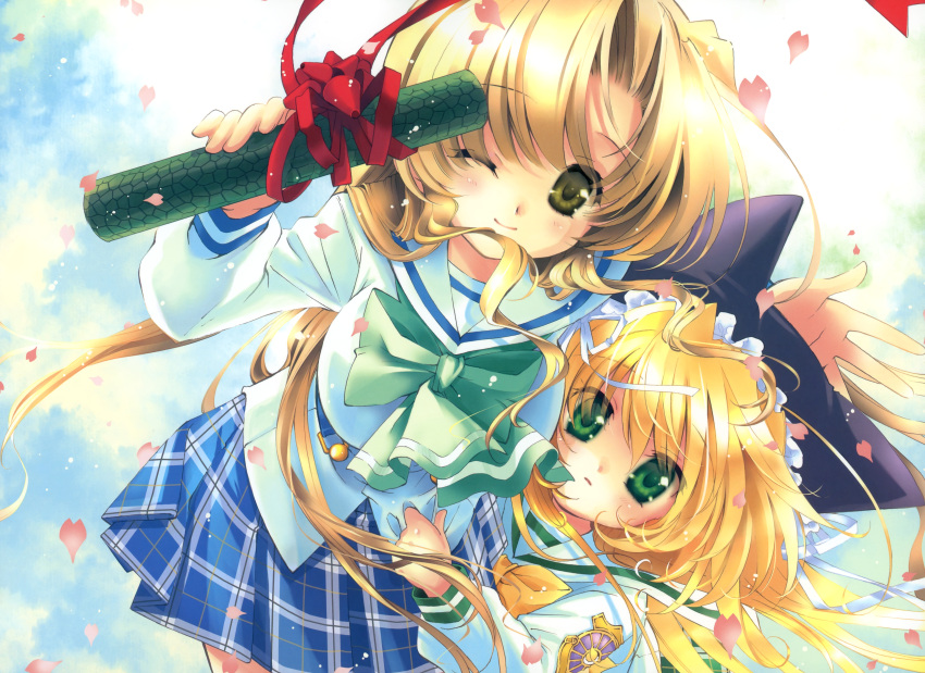absurdres, blonde_hair, bow, bowtie, brown_eyes, brown_hair, cherry_blossoms, cling, frills, green_eyes, hat, hat_with_ears, headdress, highres, hozumi_sayaka, long_hair, mitaonsha, multiple_girls, plaid, ribbon, school_uniform, serafuku, skirt, smile, tartan, wink, wreathlit_noel, yoake_mae_yori_ruri_iro_na