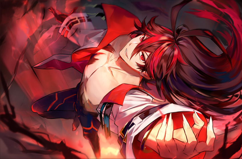 1boy, black_hair, black_skin, colored_skin, fingernails, highres, jacket, kuon_(under_night_in-birth)