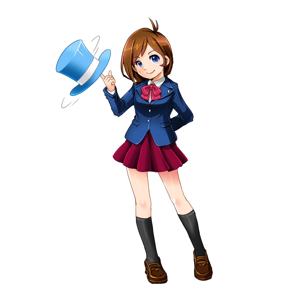 1girl, ace_attorney, arm_behind_back, black_socks, blazer, blue_eyes, blue_headwear, blue_jacket, boneta, bow, brown_footwear, brown_hair, hat, index_finger_raised, jacket, kneehighs, medium_hair, pink_bow, red_skirt, simple_background, skirt, smile, socks, solo, trucy_wright, unworn_hat, unworn_headwear, white_background