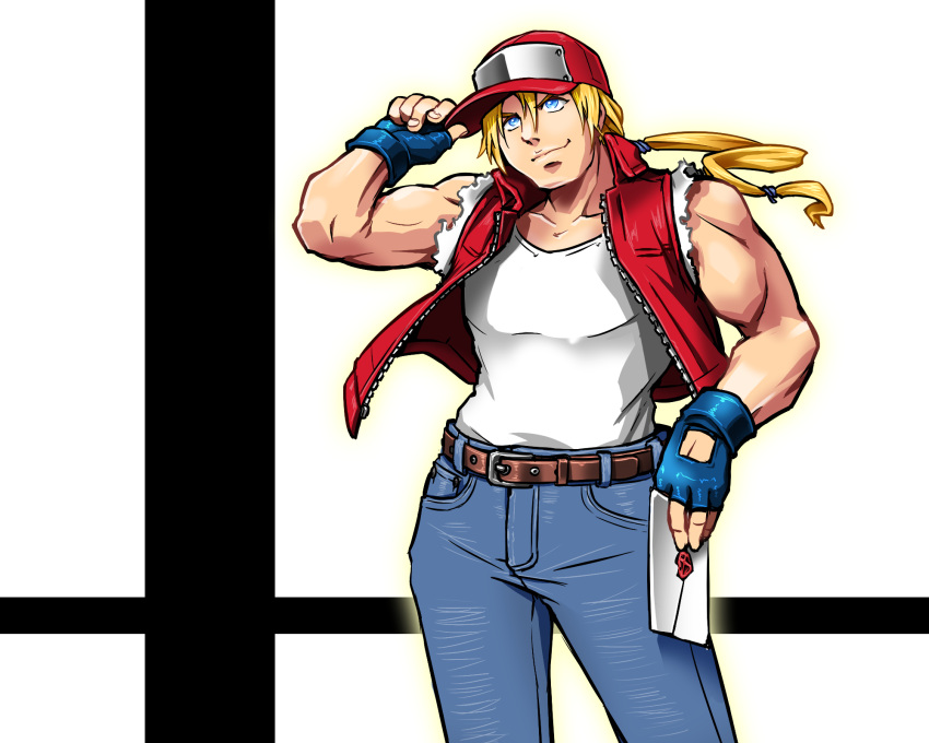 1boy, adjusting_clothes, adjusting_headwear, belt, blonde_hair, blue_eyes, blue_gloves, boneta