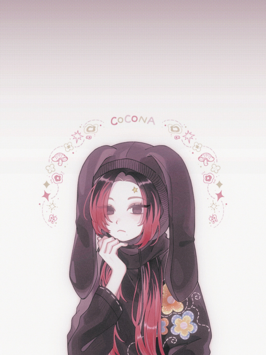 1girl, absurdres, animification, black_eyes, black_hair, black_hoodie, character_name, cocona_(xg)