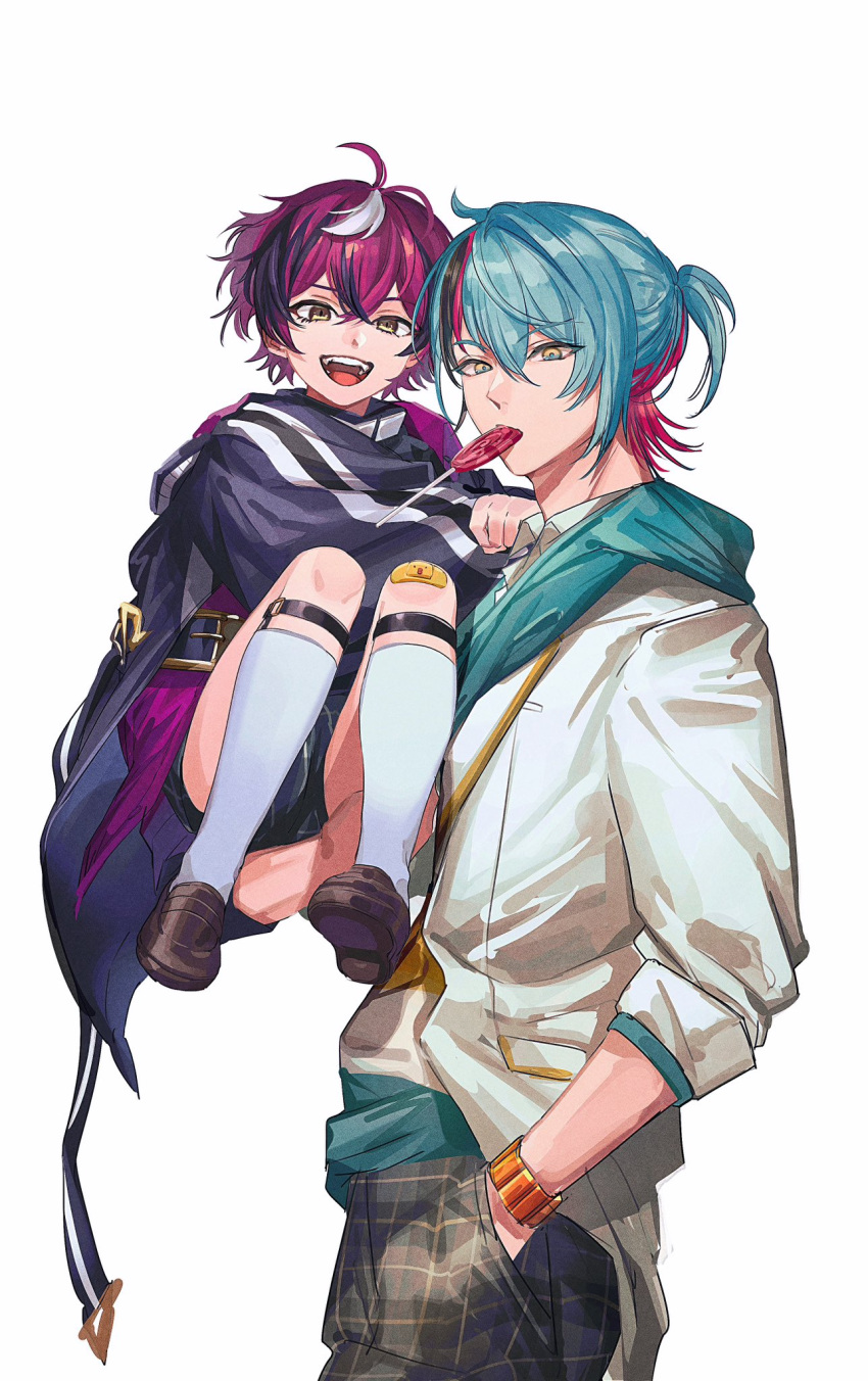 2boys, :d, aged_down, ahoge, antenna_hair, bandaid, bandaid_on_knee, bandaid_on_leg