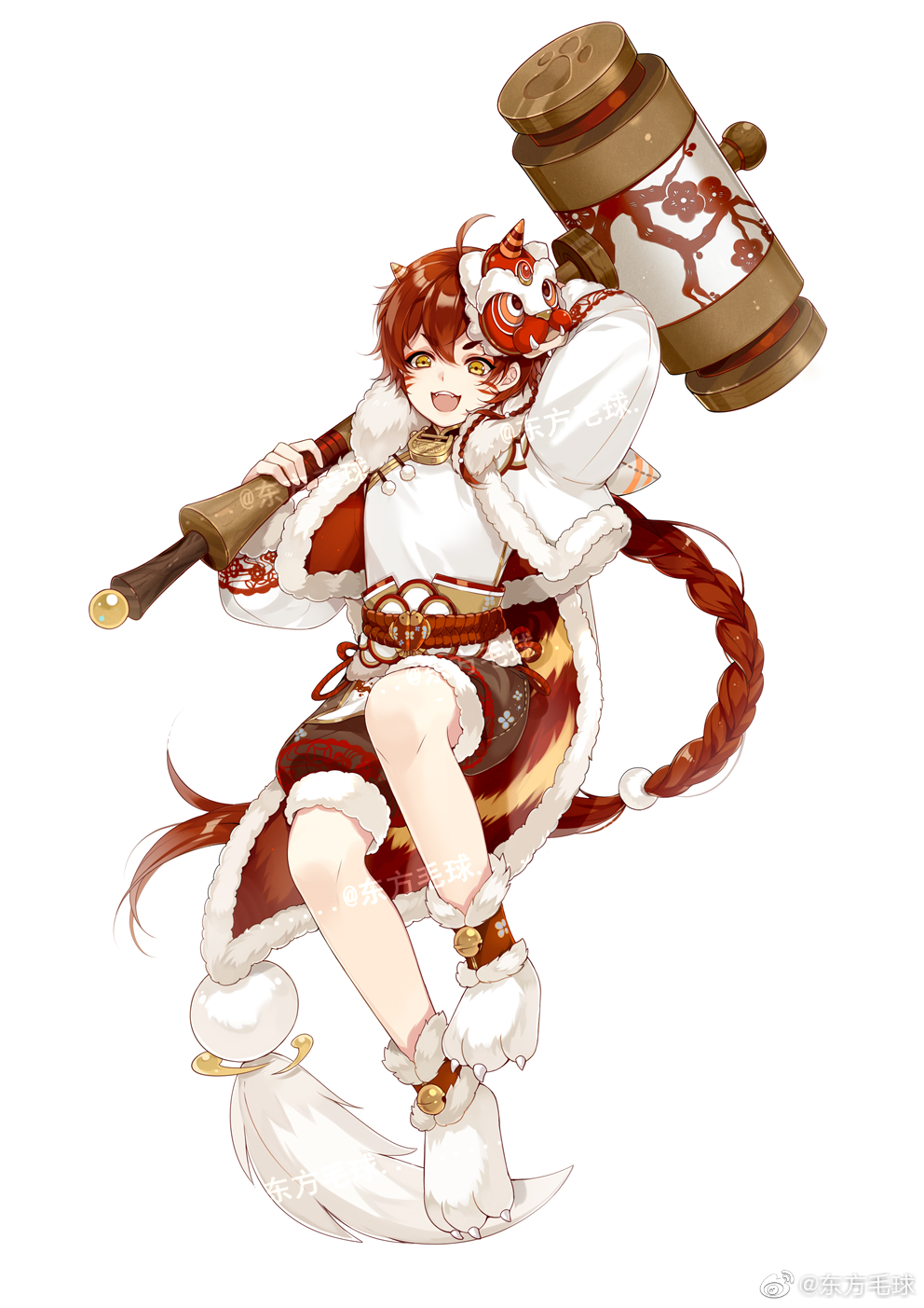 1boy, :d, arm_behind_head, bell, belt, braid, brown_shorts, cape