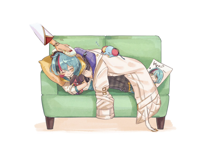1boy, 1girl, ^_^, beret, black_hair, blue_hair, blush, bracelet