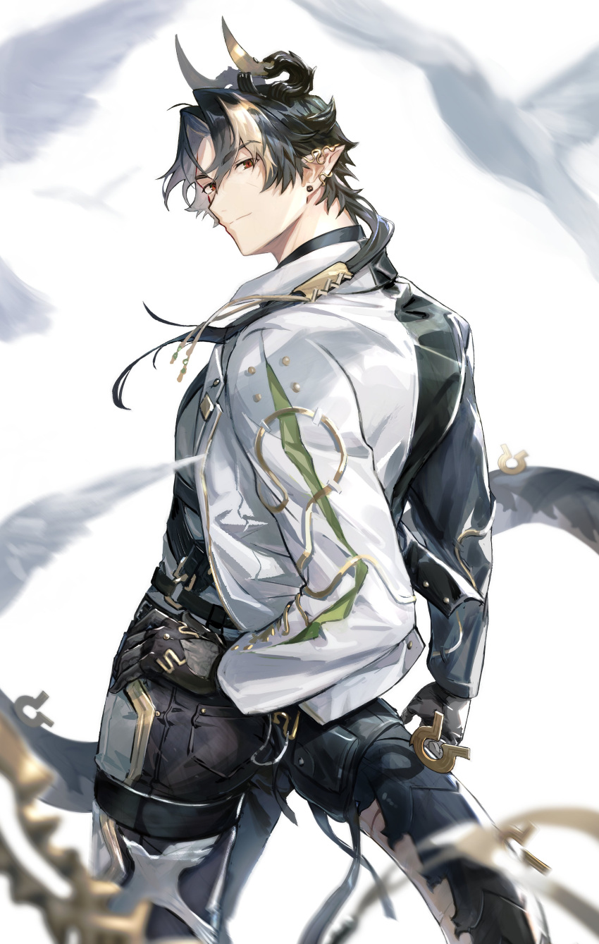 1boy, absurdres, arknights, bird, black_hair, black_jacket, black_pants, brown_hair