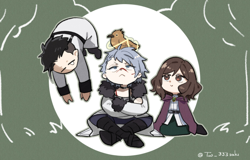 1girl, 2boys, :<, animal, animal_on_head, belt, bird, bird_on_head