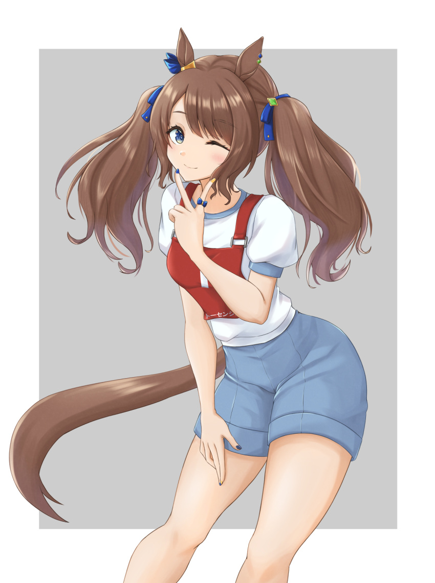 1girl, animal_ears, blue_eyes, blue_ribbon, blue_shorts, brown_hair, character_name, closed_mouth