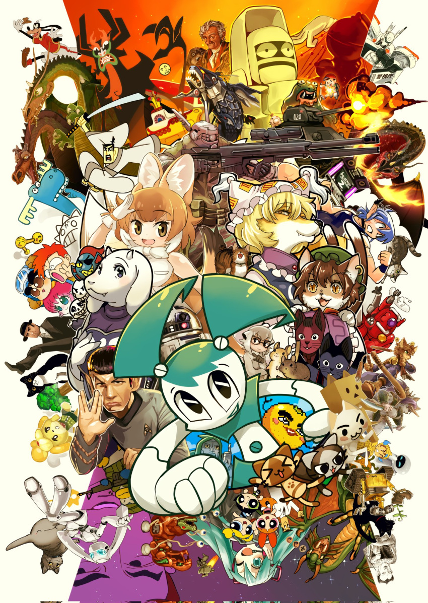 6+boys, 6+girls, aku_(samurai_jack), animal_crossing, animal_ears, arcade_cabinet, assault_rifle, beatmania_iidx