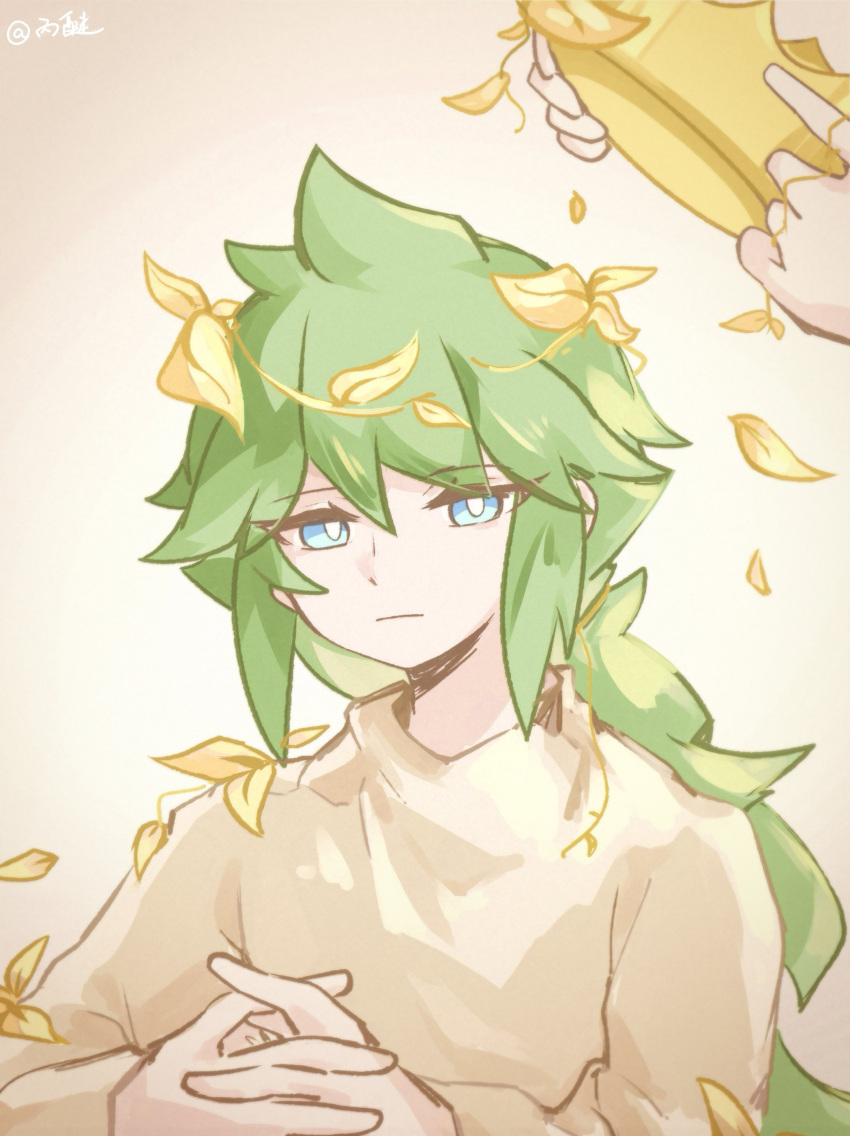 1boy, 1other, absurdres, blue_eyes, bright_pupils, c6h14o0918, closed_mouth, commentary_request, crown, falling_leaves, green_hair, head_wreath, highres, leaf, long_hair, male_focus, n_(pokemon), own_hands_together, pokemon, pokemon_bw, sidelocks, upper_body, white_background, white_pupils