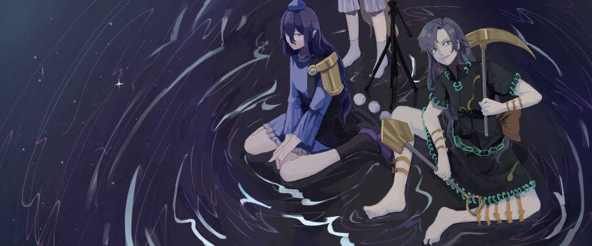 3girls, absurdres, ankle_socks, arm_belt, bare_legs, barefoot, belt, black_coat
