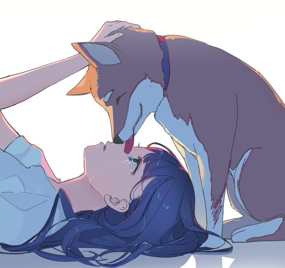 1girl, animal, blue_hair, comforting, commentary, crying, dog, english_commentary