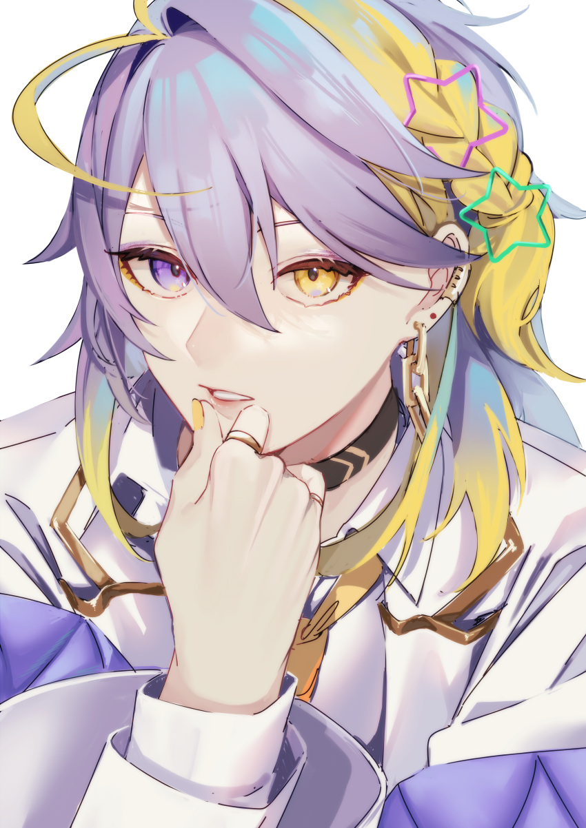 1boy, absurdres, antenna_hair, aster_arcadia, black_choker, blonde_hair, chain_earrings, choker