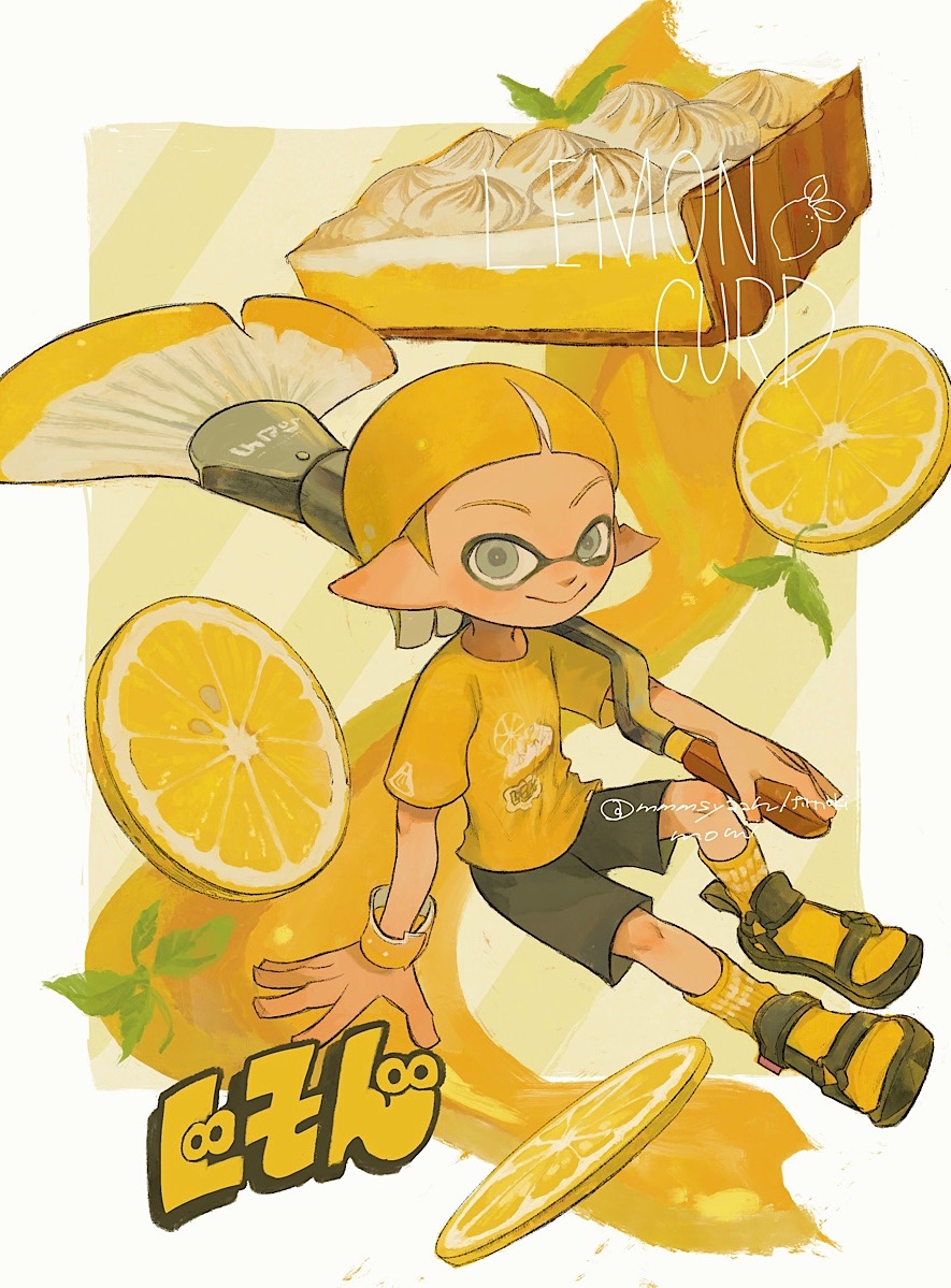 1boy, artist_name, black_shorts, blonde_hair, border, closed_mouth, commentary_request, food
