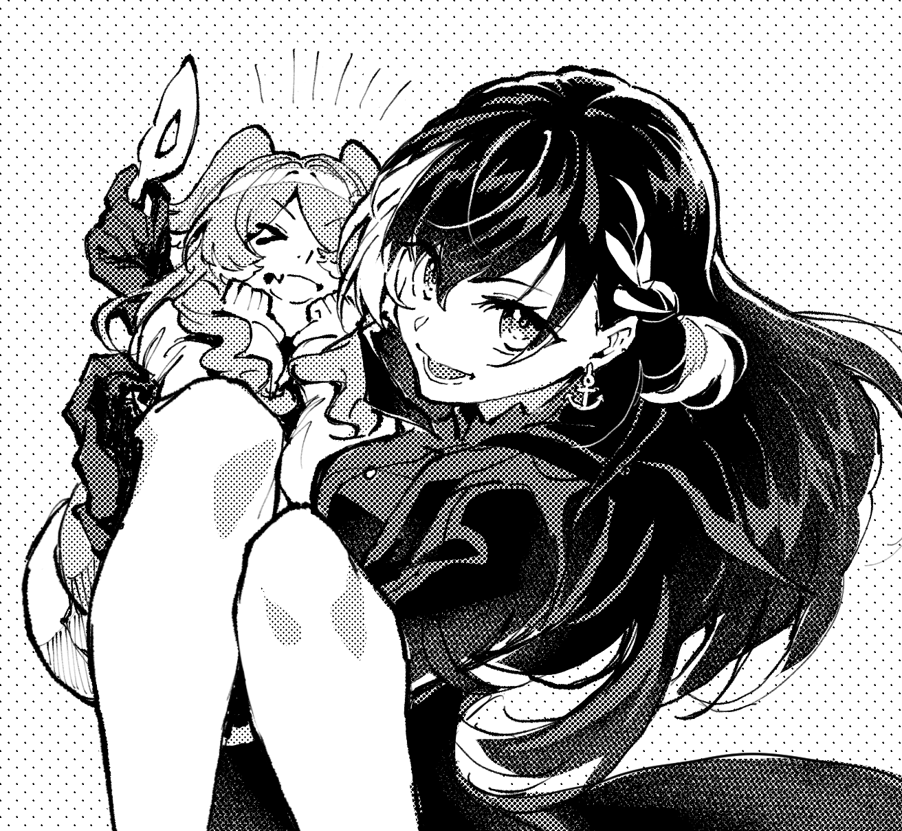 >_<, 2girls, :d, anchor_earrings, braid, carrying, domino_mask, earrings, elira_pendora, fang, floating_hair, gloves, hair_between_eyes, head_wings, highres, jewelry, jin_(pineeeapple), long_hair, looking_at_viewer, mask, monochrome, multiple_girls, nijisanji, nijisanji_en, open_mouth, petra_gurin, phantom_thief, princess_carry, smile, wings, xd