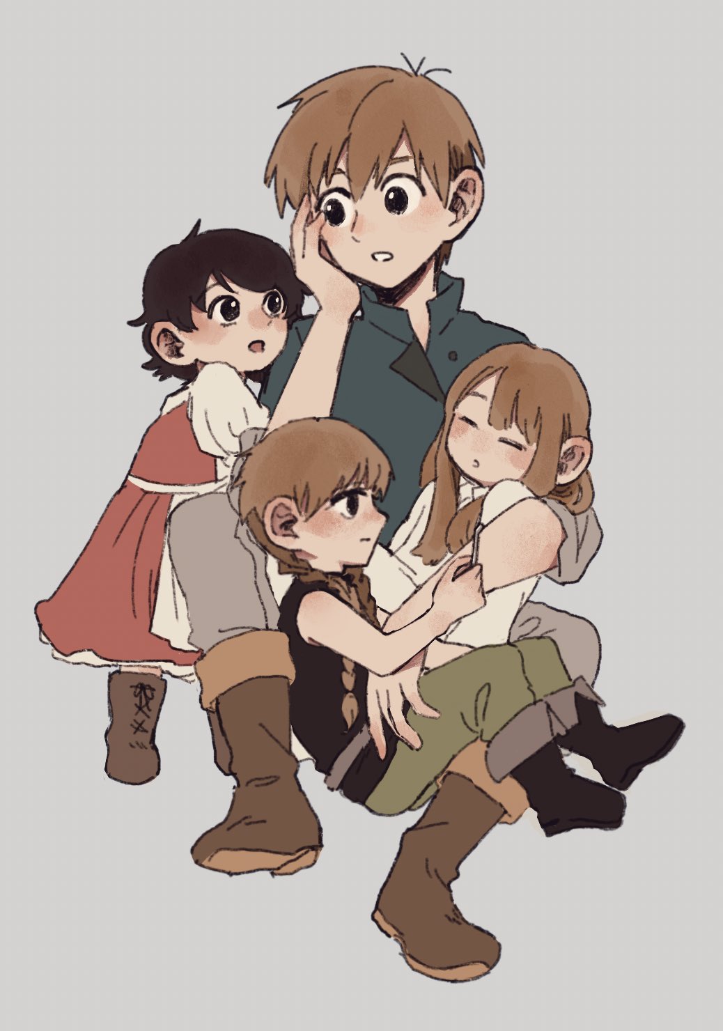 1900002, 1boy, 3girls, armor, bare_arms, bare_shoulders, belt, black_footwear, black_hair, black_shirt, boots, braid, brown_footwear, brown_hair, chilchuck_tims, child, clinging, closed_eyes, dress, dungeon_meshi, eye_contact, father_and_daughter, fullertom_(dungeon_meshi), green_pants, grey_background, halfling, hand_on_own_cheek, hand_on_own_face, head_rest, highres, holding, invisible_chair, knee_boots, leaning_on_person, leather_armor, looking_at_another, looking_to_the_side, mayjack_(dungeon_meshi), multiple_girls, packpatty_(dungeon_meshi), pants, profile, puffy_short_sleeves, puffy_sleeves, red_dress, shirt, shoe_soles, short_hair, short_sleeves, siblings, simple_background, sisters, sitting, sitting_on_lap, sitting_on_person, sleeping, sleeping_upright, sleeveless, sleeveless_shirt, sleeves_rolled_up, twin_braids, twintails, white_dress, white_shirt