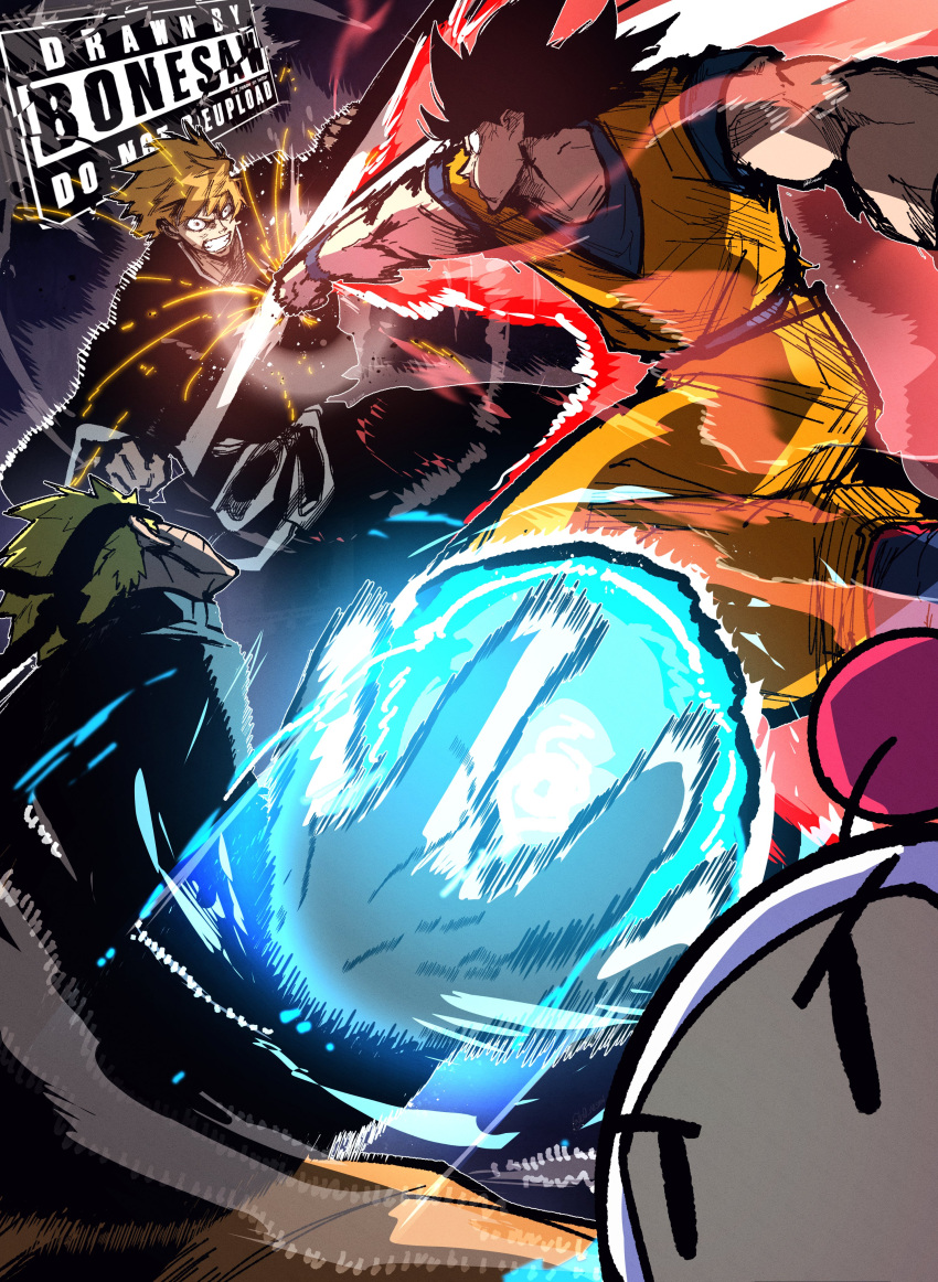 4boys, absurdres, battle, black_hair, black_hakama, bleach, blonde_hair, bomberman