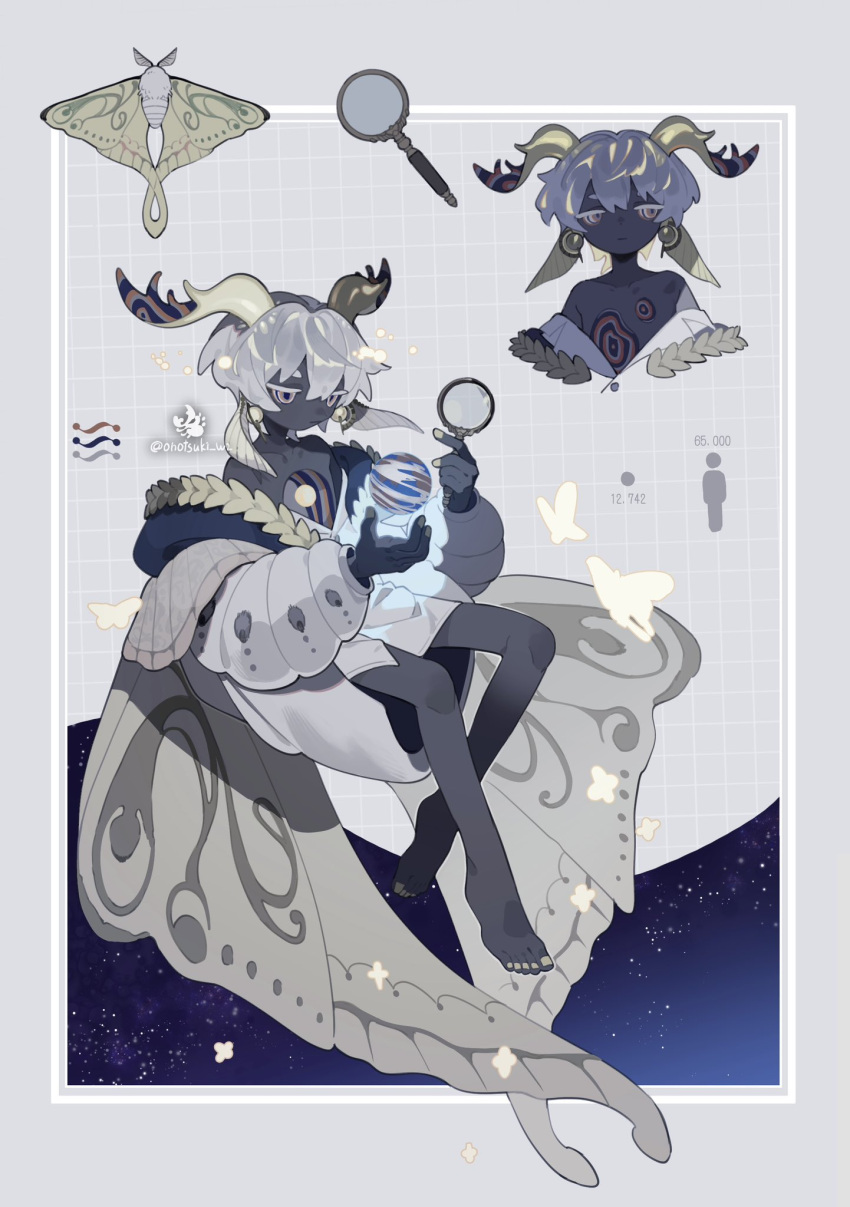 1boy, :|, antennae, antlers, arthropod_boy, artist_logo, artist_name, barefoot
