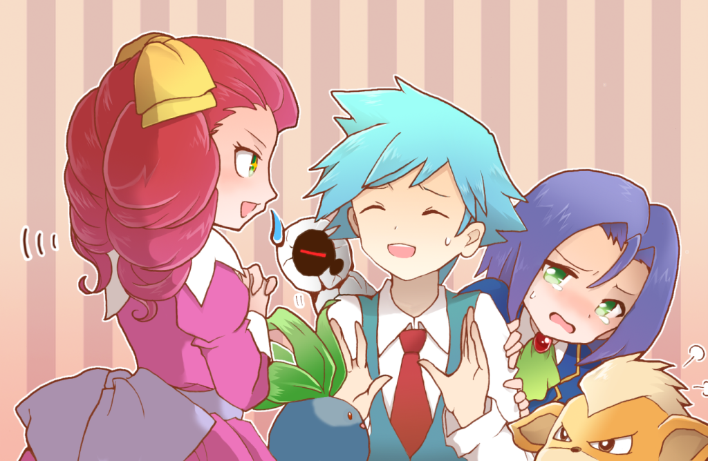1girl, 2boys, aged_down, blush, child, closed_eyes, green_eyes, growlithe