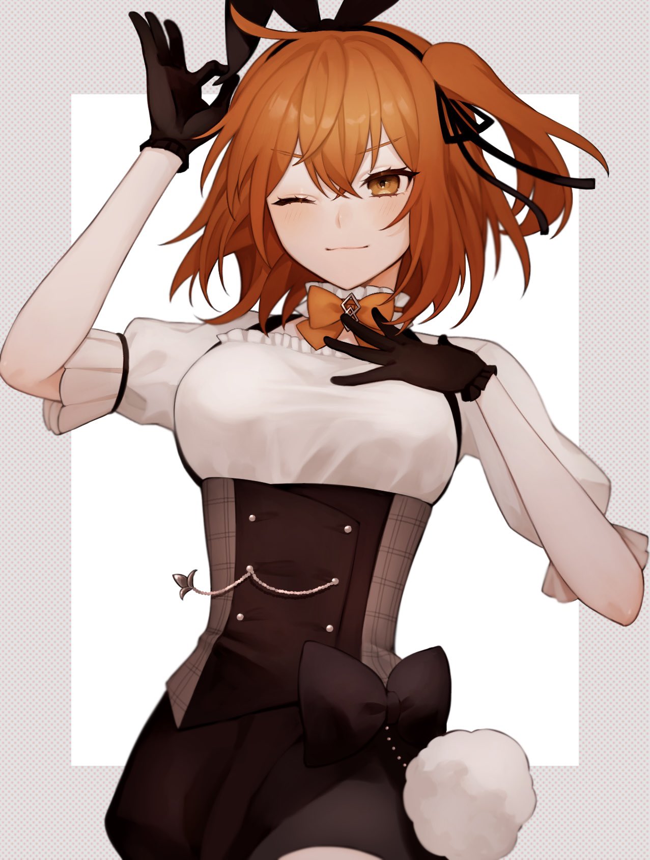 1girl, animal_ears, arm_up, black_gloves, black_ribbon, black_skirt, blush, bow