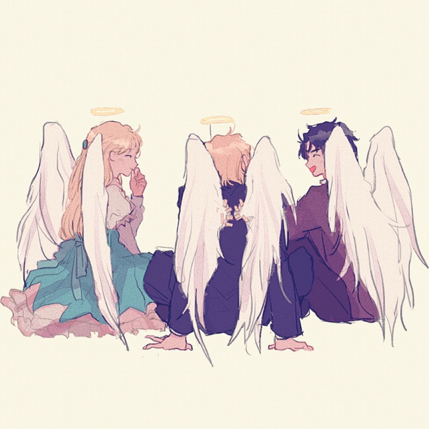 1girl, 2boys, angel, angel_wings, arm_support, black_hair, blonde_hair, blue_dress, blue_jacket, blue_pants, brown_pants, closed_eyes, closed_mouth, dio_brando, dress, erina_pendleton, facing_another, fake_halo, fake_wings, feathered_wings, film_grain, frilled_dress, frills, from_behind, fuha_(azukiba_9), full_body, halo, hand_on_own_chin, highres, jacket, jojo_no_kimyou_na_bouken, jonathan_joestar, juliet_sleeves, knees_up, laughing, long_hair, long_sleeves, multiple_boys, open_mouth, pants, phantom_blood, puffy_sleeves, short_hair, simple_background, sitting, smile, white_wings, wings, yellow_background
