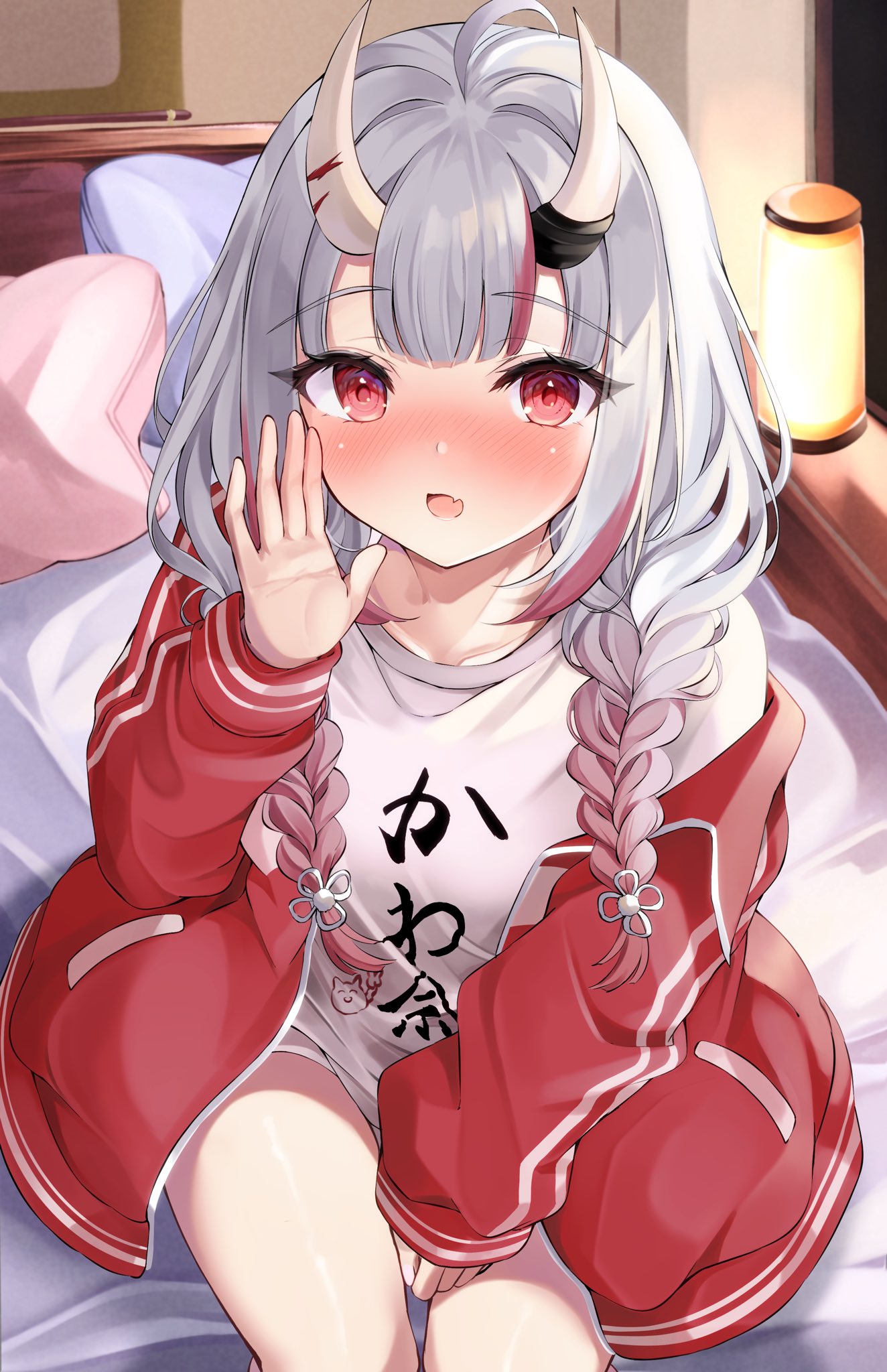 alternate_costume, bed, blush, braid, breasts, collarbone, commentary_request, fang
