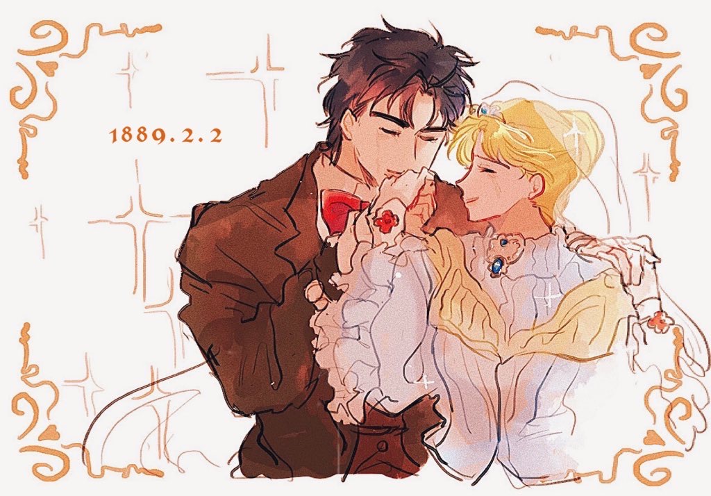 1boy, 1girl, alternate_costume, arm_around_shoulder, black_hair, blonde_hair, border, bow