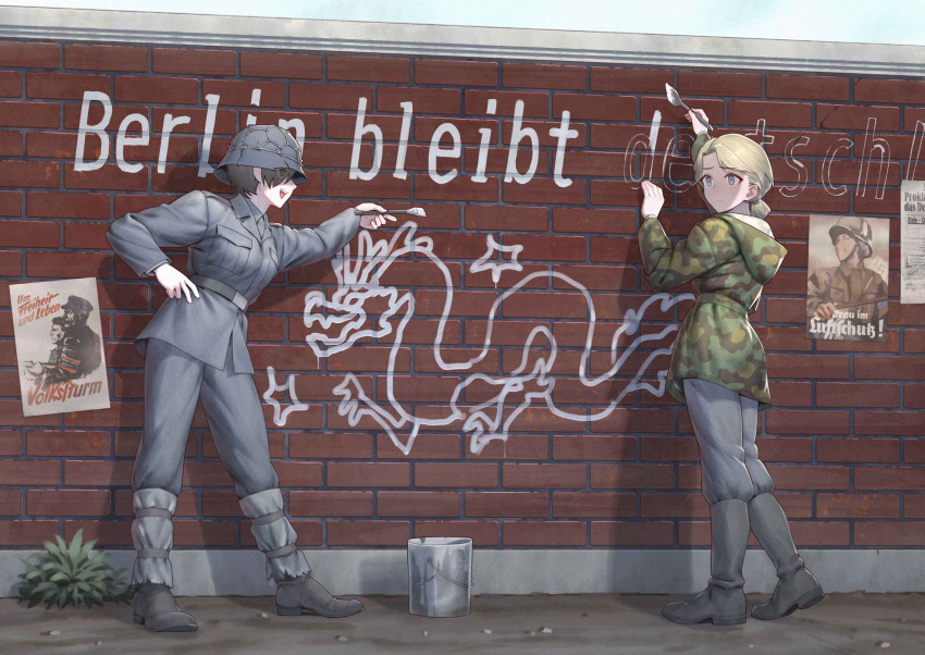 2girls, black_footwear, black_hair, blonde_hair, blue_eyes, boots, brick_wall, bucket