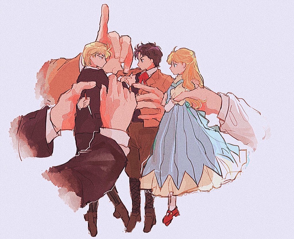 1girl, 2boys, arm_behind_back, black_hair, black_jacket, black_vest, blonde_hair, blue_dress
