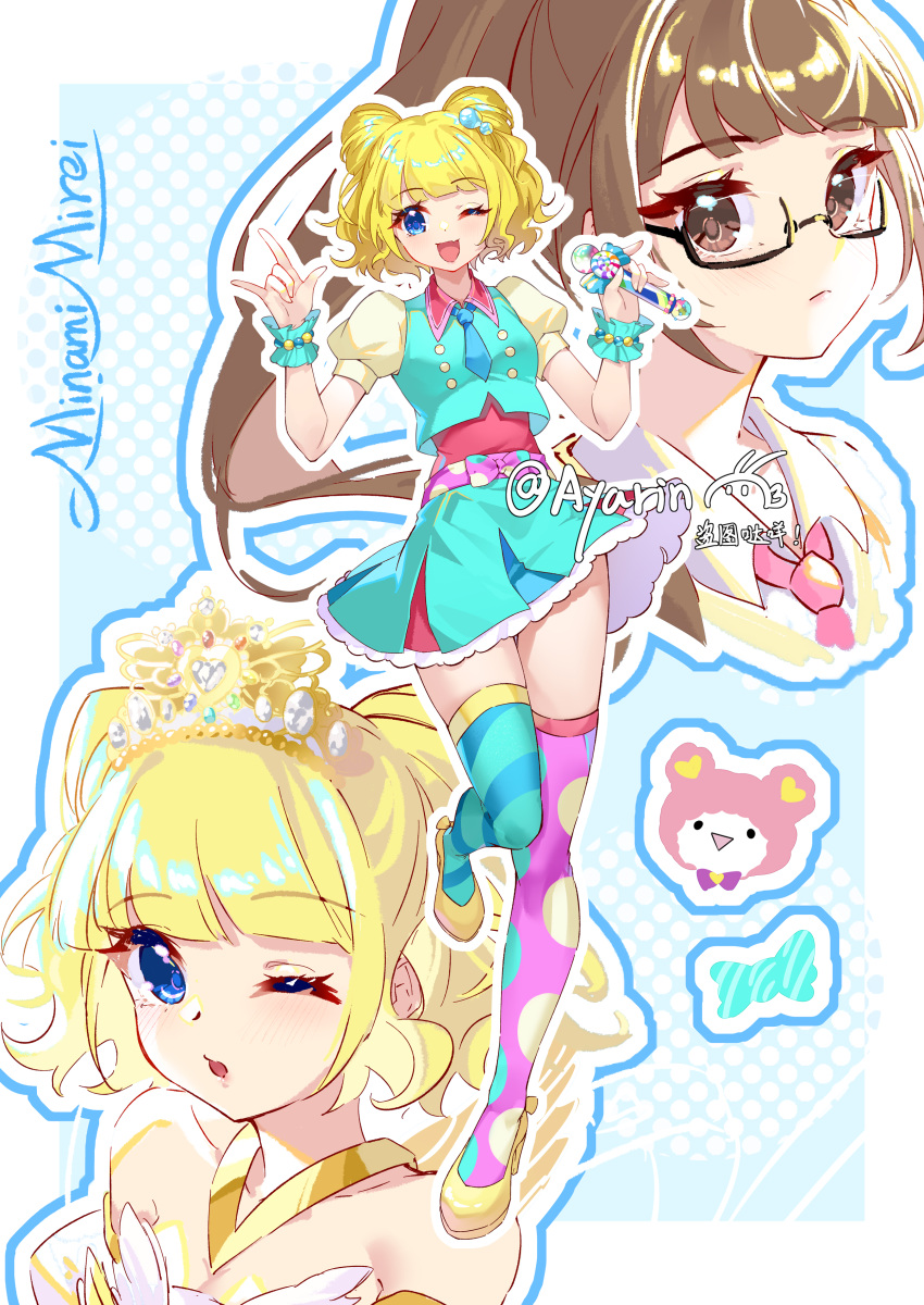 1girl, \m/, absurdres, asymmetrical_legwear, ayako_(xiaqiu), bare_shoulders, blonde_hair, blue_dress
