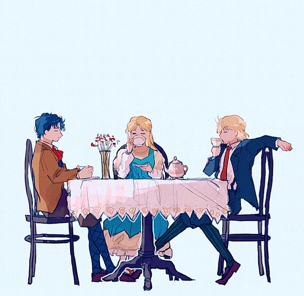 1girl, 2boys, blonde_hair, blue_background, blue_dress, blue_hair, blue_shorts, blue_socks