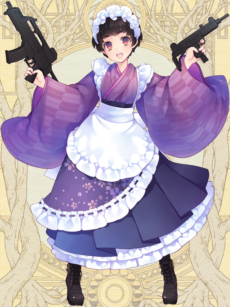 1girl, :d, apron, assault_rifle, black_footwear, black_hair, boots, dairoku_ryouhei