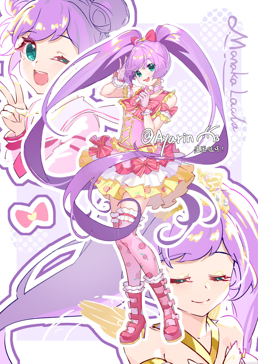 1girl, :d, absurdres, ayako_(xiaqiu), bare_shoulders, boots, bow, character_name