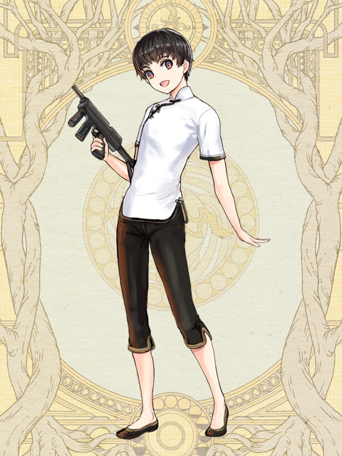 1girl, :d, black_footwear, black_hair, black_pants, dairoku_ryouhei, full_body, gun