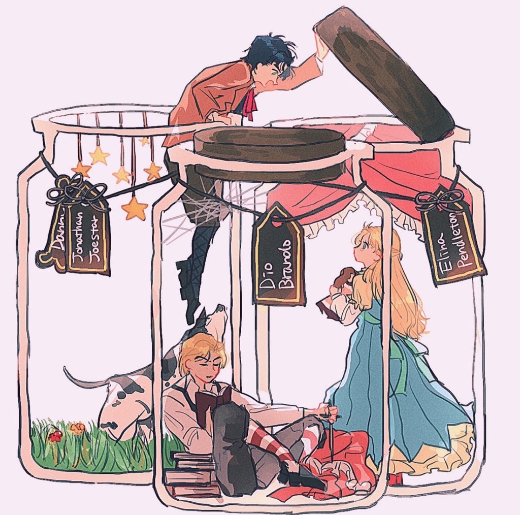 1girl, 2boys, black_footwear, blonde_hair, blue_dress, book, book_stack, boots, brown_jacket, brown_pants, character_name, cross-laced_footwear, danny_(jojo), dio_brando, dog, doll, dress, erina_pendleton, film_grain, frilled_dress, frills, fuha_(azukiba_9), full_body, grass, grey_pants, holding, holding_book, holding_doll, holding_knife, holding_lid, holding_weapon, in_jar, jacket, jar, jojo_no_kimyou_na_bouken, jonathan_joestar, juliet_sleeves, knife, lace-up_boots, lid, long_hair, long_sleeves, looking_at_another, multiple_boys, neck_ribbon, open_mouth, pants, phantom_blood, puffy_sleeves, red_footwear, red_ribbon, red_socks, ribbon, shirt, shoes, short_hair, simple_background, sitting, smile, socks, standing, star_(symbol), striped_clothes, striped_socks, suspenders, unworn_dress, weapon, white_background, white_shirt