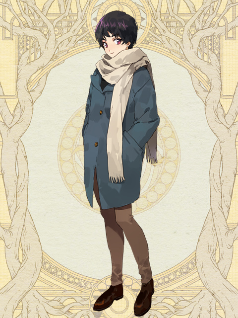 1girl, black_hair, blue_coat, brown_footwear, brown_pants, coat, dairoku_ryouhei, full_body