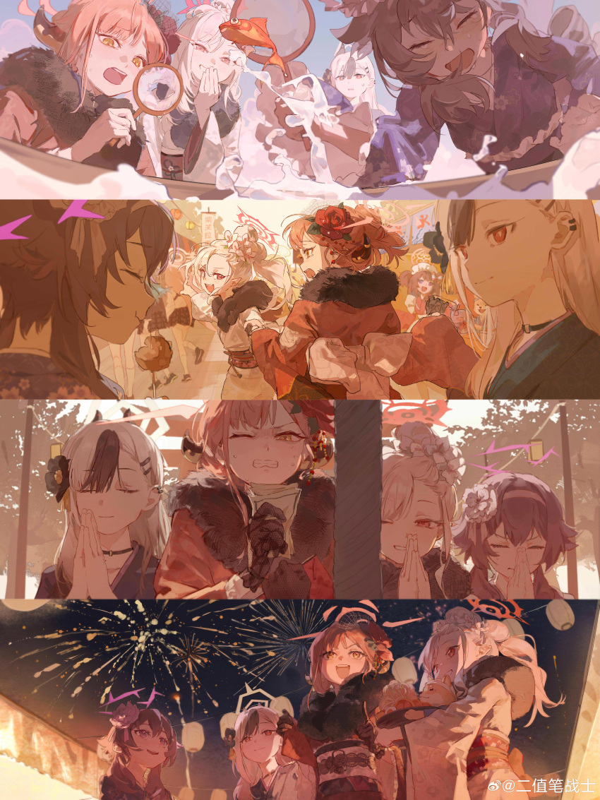 6+girls, absurdres, aerial_fireworks, aru_(blue_archive), aru_(new_year)_(blue_archive), black_gloves, black_horns, black_kimono