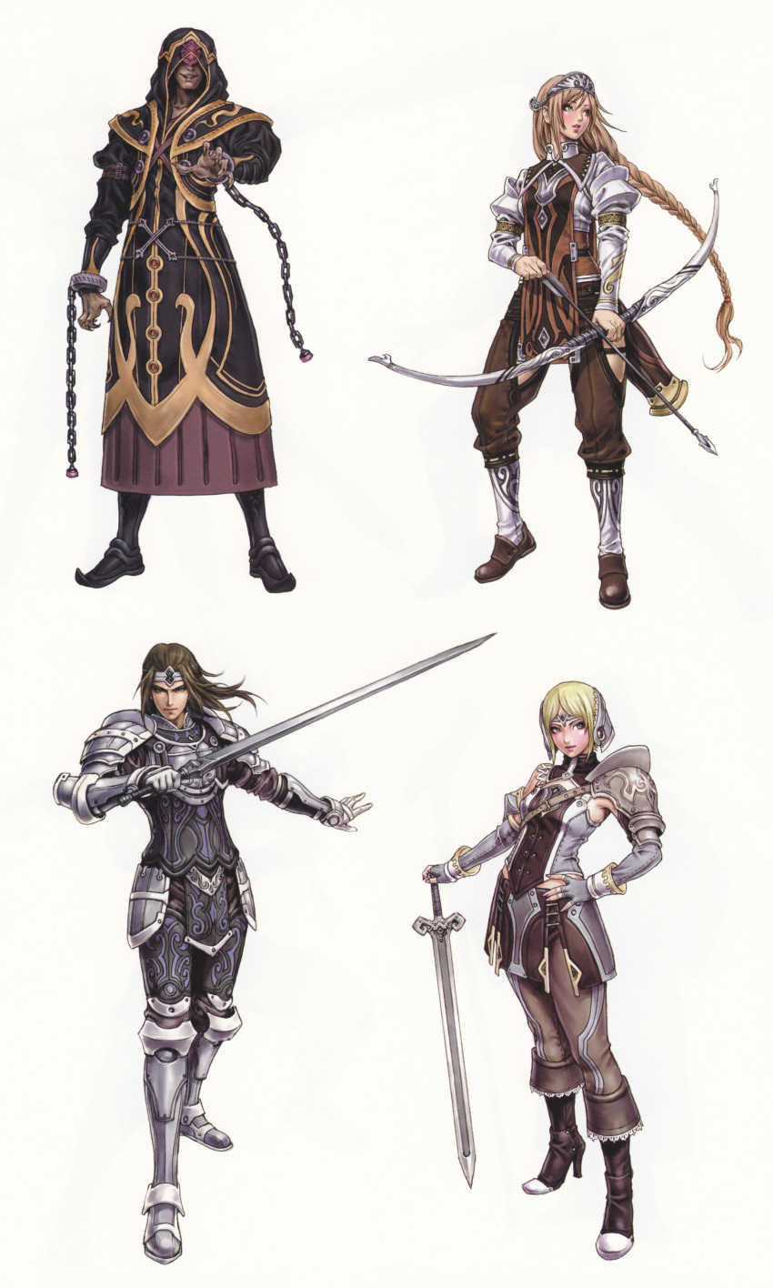 armor, blonde_hair, bow_(weapon), braid, brown_hair, gloves, green_eyes, high_heels