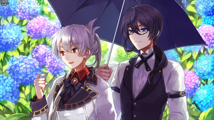 2boys, arm_belt, black_bow, black_ribbon, black_vest, blue_eyes, bow, coat