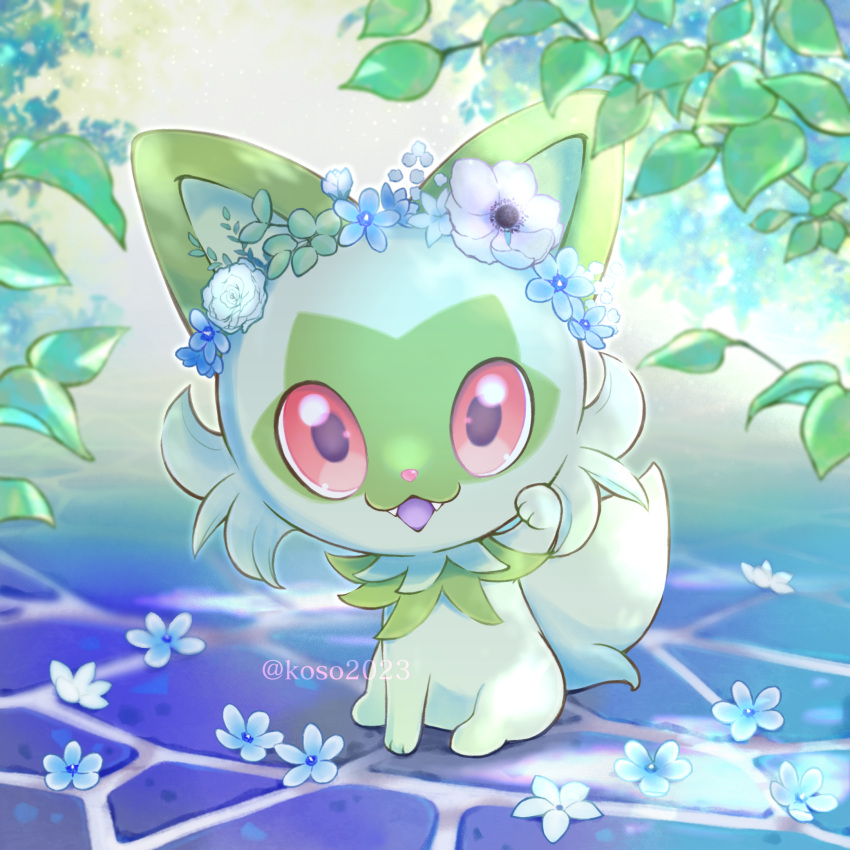 :d, blue_flower, commentary_request, day, fangs, flower, happy, highres