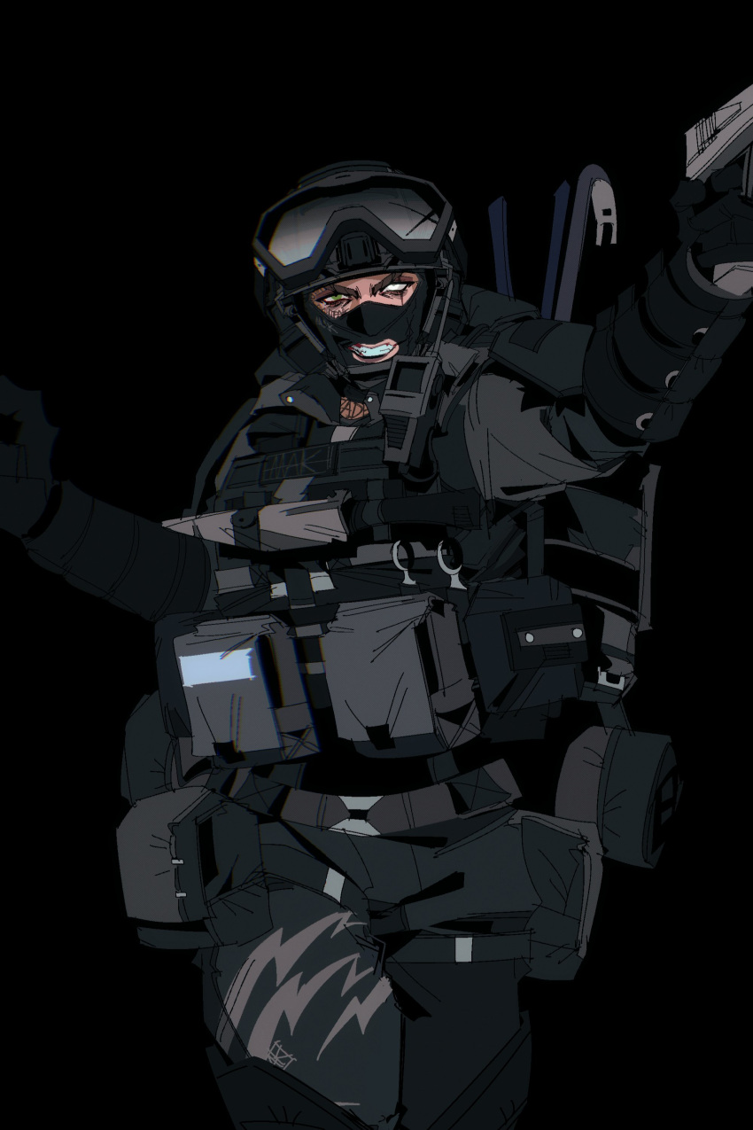 1boy, absurdres, belt, black_background, character_request, copyright_request, goggles, goggles_on_head