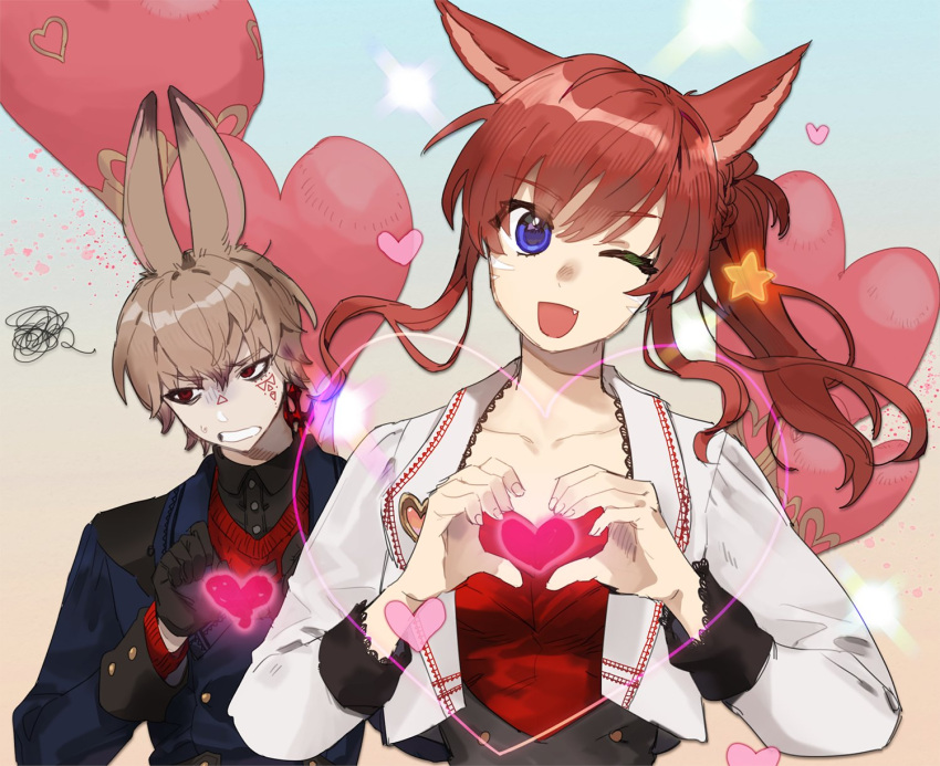 1boy, 1girl, :d, animal_ears, black_gloves, black_shirt, blue_eyes, blue_jacket
